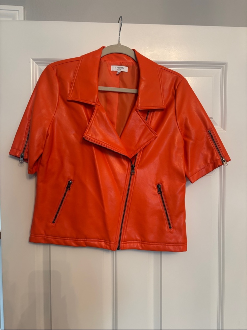 Society Bright Orange Short-Sleeve Faux Leather Moto Jacket